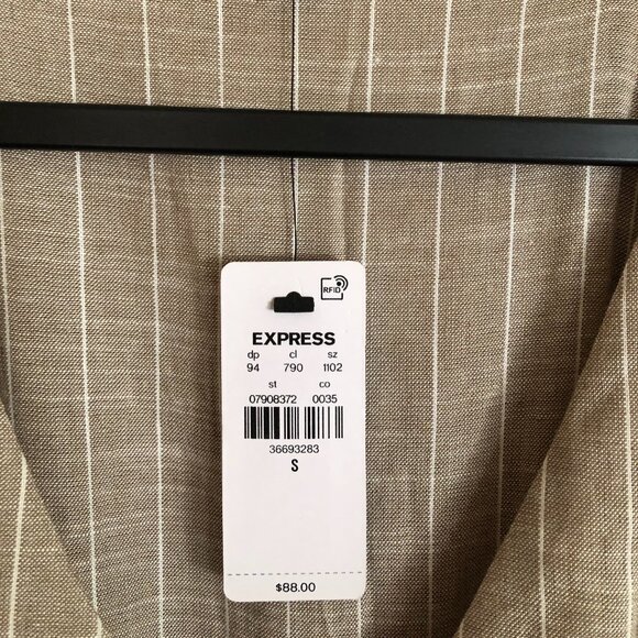 Express Neutral Linen-Blend Striped Button Up Tie Waist Romper - Picture 6 of 6